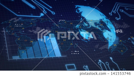 Displaying global map and translucent 3D globe in control hub, showing bar chart, markers, warnings Displaying global map and translucent 3D globe in control hub, showing bar chart, markers, warnings 141553746