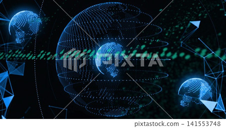 Rotating central globe glowing with dotted rings, smaller globes in cyberspace, with green stream Rotating central globe glowing with dotted rings, smaller globes in cyberspace, with green stream 141553748