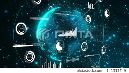 Displaying holographic globe showing data overlays on virtual dashboard, with rising line chart Displaying holographic globe showing data overlays on virtual dashboard, with rising line chart 141553749