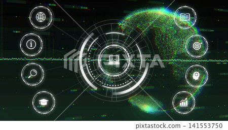Showing HUD laptop icon rotating rings crossing wave at cyber HUD, with data globe, flanking stacks Showing HUD laptop icon rotating rings crossing wave at cyber HUD, with data globe, flanking stacks 141553750
