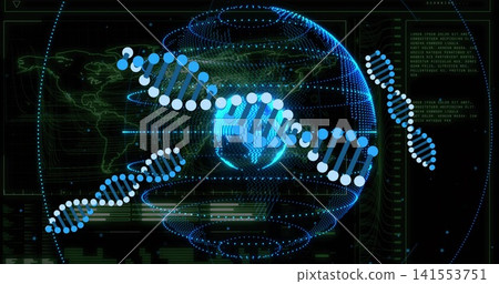 Displaying DNA double helix wrapping around dotted globe in virtual dashboard, with charts and code Displaying DNA double helix wrapping around dotted globe in virtual dashboard, with charts and code 141553751