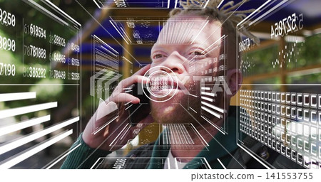 Holding phone, adult man with dark jacket over green sweater, viewing augmented data panels at park Holding phone, adult man with dark jacket over green sweater, viewing augmented data panels at park 141553755