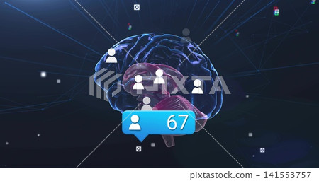 Showing stylized 3D brain linking with user avatars in cyberspace, displaying blue notification 67 Showing stylized 3D brain linking with user avatars in cyberspace, displaying blue notification 67 141553757