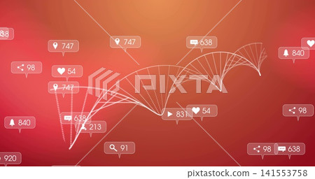 Animating white dotted helix network across red-orange gradient, showing notification labels 141553758