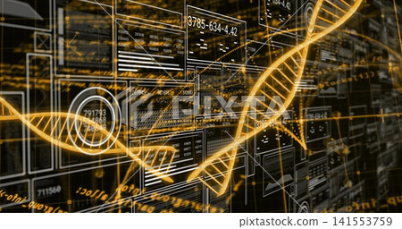 Glowing golden DNA helix sweeping diagonally across virtual interface, showing data panels Glowing golden DNA helix sweeping diagonally across virtual interface, showing data panels 141553759