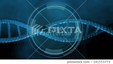 Displaying glowing DNA helix running across frame in digital lab, with HUD DATA PROTECTION Displaying glowing DNA helix running across frame in digital lab, with HUD DATA PROTECTION 141553773