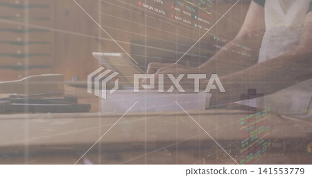 Working man shortsleeve light shirt tapping tablet on wood bench with notes phone pen stock overlay Working man shortsleeve light shirt tapping tablet on wood bench with notes phone pen stock overlay 141553779