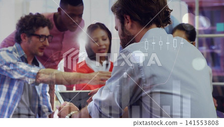 Presenting man in light-blue shirt holding tablet at conference table, team leaning in, copy space Presenting man in light-blue shirt holding tablet at conference table, team leaning in, copy space 141553808