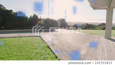 Showing wood deck and pool leading to hills in backyard, with patio column and blue artifacts Showing wood deck and pool leading to hills in backyard, with patio column and blue artifacts 141553817