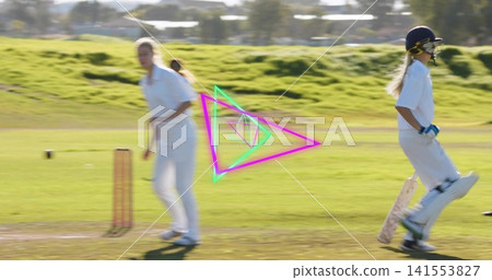 Running batter in white kit along crease on pitch, with bat and neon overlay, copy space Running batter in white kit along crease on pitch, with bat and neon overlay, copy space 141553827