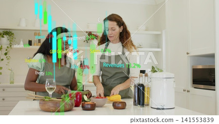 Chopping peppers, two women in graygreen aprons at kitchen island with knives, financial overlays Chopping peppers, two women in graygreen aprons at kitchen island with knives, financial overlays 141553839
