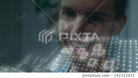 Smiling man wearing light tee watching holographic overlay in tech workspace, with dotted nodes Smiling man wearing light tee watching holographic overlay in tech workspace, with dotted nodes 141553855