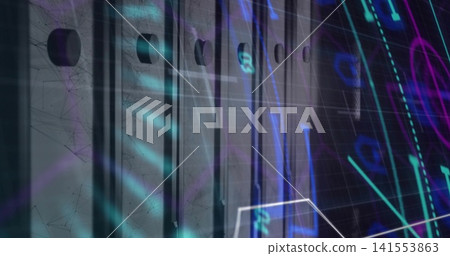 Displaying vertical server rack panels with vent holes in data center, with neon overlays Displaying vertical server rack panels with vent holes in data center, with neon overlays 141553863