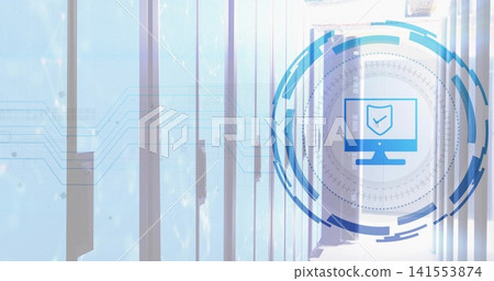 Displaying blue security HUD overlay hovering over right server aisle, racks and LEDs, copy space 141553874