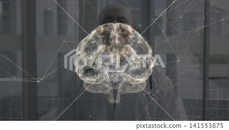Glowing 3D brain hologram pulsing neural paths in clinic corridor, with lab coat, stethoscope Glowing 3D brain hologram pulsing neural paths in clinic corridor, with lab coat, stethoscope 141553875