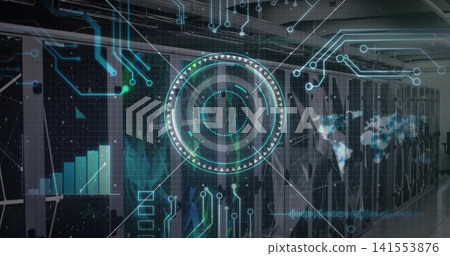 Projecting circular HUD target over server racks in data center, showing bar chart and world map 141553876