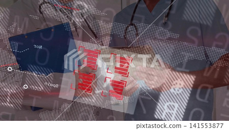 Consulting two doctors in lab coat and scrubs viewing tablet at hospital, with clipboard, red HUD Consulting two doctors in lab coat and scrubs viewing tablet at hospital, with clipboard, red HUD 141553877