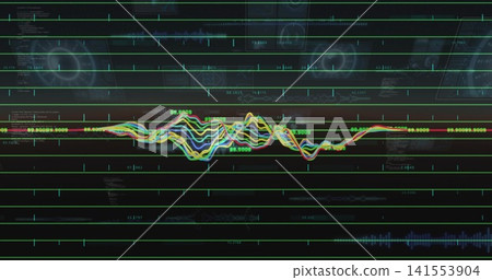 Showing multicolor waveform centering on monitor with horizontal green grid, numeric labels, HUD Showing multicolor waveform centering on monitor with horizontal green grid, numeric labels, HUD 141553904