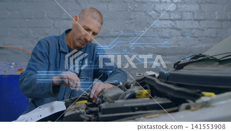 Adjusting mechanic in blue coverall with wrench fastening inside engine bay in garage, with HUD Adjusting mechanic in blue coverall with wrench fastening inside engine bay in garage, with HUD 141553908