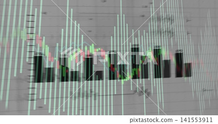 Displaying financial chart on grey grid, showing black bars or cyan vol or green-red candles or blue Displaying financial chart on grey grid, showing black bars or cyan vol or green-red candles or blue 141553911