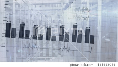 Displaying faint analytics overlay with bar chart numeric labels waveform over data center racks 141553914
