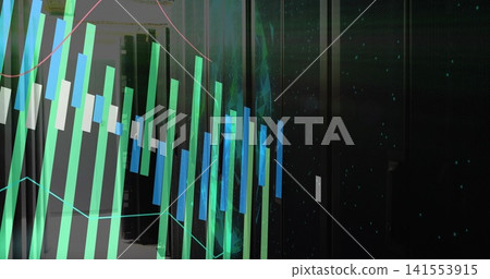 Displaying translucent bar chart and line graphs across left data center aisle with server cabinets 141553915