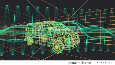 Rendering neon wireframe SUV floating in simulation space, showing teal flows and orange grid Rendering neon wireframe SUV floating in simulation space, showing teal flows and orange grid 141553948