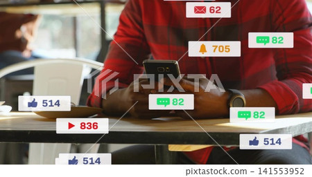 Checking smartphone, man in red-plaid shirt and watch leaning at cafe table with notifications Checking smartphone, man in red-plaid shirt and watch leaning at cafe table with notifications 141553952