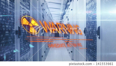 Projecting orange warning overlay with radiation icon over server room aisle, racks, LEDs, glass Projecting orange warning overlay with radiation icon over server room aisle, racks, LEDs, glass 141553981