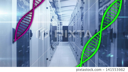 Framing server aisle converging to dark bay in data center, with magenta and green DNA overlay Framing server aisle converging to dark bay in data center, with magenta and green DNA overlay 141553982