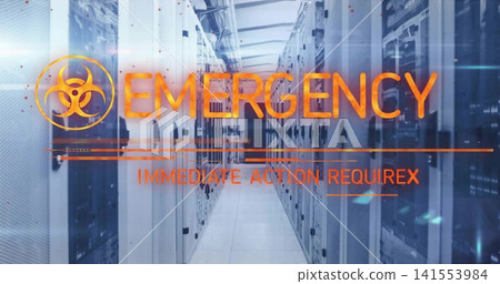 Flashing translucent orange emergency overlaying data center aisle, with biohazard symbol and racks Flashing translucent orange emergency overlaying data center aisle, with biohazard symbol and racks 141553984