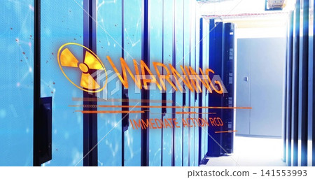 Projecting orange warning overlay over datacenter aisle, showing radiation trefoil and server racks Projecting orange warning overlay over datacenter aisle, showing radiation trefoil and server racks 141553993