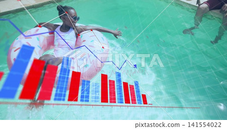 Floating girl in white swimsuit and dark sunglasses in sunlit pool with pink donut, charts overlaid Floating girl in white swimsuit and dark sunglasses in sunlit pool with pink donut, charts overlaid 141554022