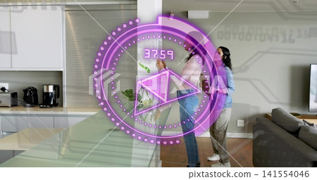 Standing two women in pink sweater and blue shirt exploring purple AR HUD in open-plan apartment Standing two women in pink sweater and blue shirt exploring purple AR HUD in open-plan apartment 141554046