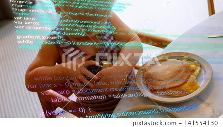 Holding dark cylinder, girl purple top leaning in kitchen with crepe orange napkin code overlay Holding dark cylinder, girl purple top leaning in kitchen with crepe orange napkin code overlay 141554130