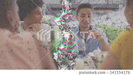 Talking man in blue shirt gesturing, white-top woman listening at patio table with red wine glitch Talking man in blue shirt gesturing, white-top woman listening at patio table with red wine glitch 141554178