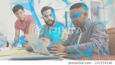 Three men wearing shirt, teal tee, pink polo collaborating at office, laptops phone, blue overlay Three men wearing shirt, teal tee, pink polo collaborating at office, laptops phone, blue overlay 141554180