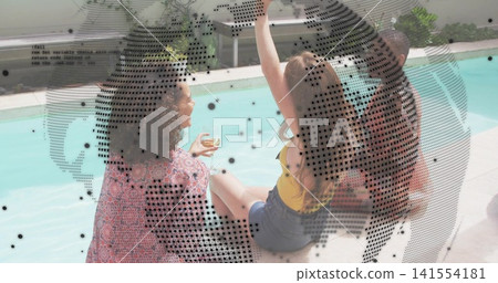 Sitting three women wearing summer clothes dangling legs over home pool holding glass halftone 141554181