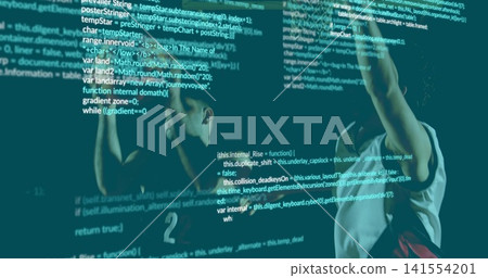 Reaching two athletes wearing number 2 sleeveless jerseys raising arms on court with code overlay 141554201