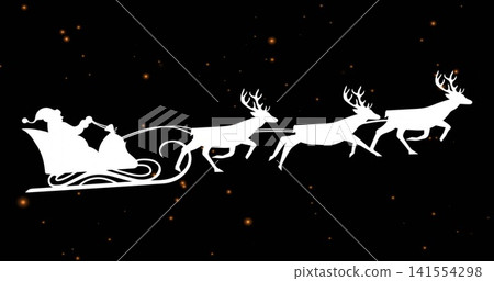 Gliding Santa silhouette wearing hat and coat, holding reins over night sky with sleigh and antlers Gliding Santa silhouette wearing hat and coat, holding reins over night sky with sleigh and antlers 141554298