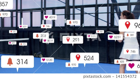 Swinging racket player in white dress on blue court by mesh windows, notifications, copy space 141554372