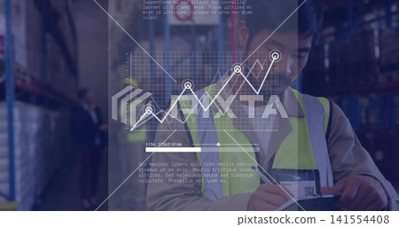 Checking warehouse worker wearing hi-vis vest tapping tablet at warehouse, with data overlay Checking warehouse worker wearing hi-vis vest tapping tablet at warehouse, with data overlay 141554408