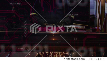 Operating welder wearing jacket and gloves, using plasma cutter at shop with sparks and HACKED text Operating welder wearing jacket and gloves, using plasma cutter at shop with sparks and HACKED text 141554415