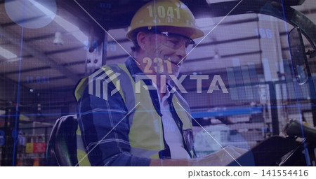 Sitting senior warehouse worker writing on tablet inside cab, hard hat, hi-vis vest, data overlays Sitting senior warehouse worker writing on tablet inside cab, hard hat, hi-vis vest, data overlays 141554416