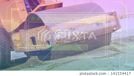 Dominating rusted vibratory roller drum occupying center at construction site, with HUD overlay Dominating rusted vibratory roller drum occupying center at construction site, with HUD overlay 141554417