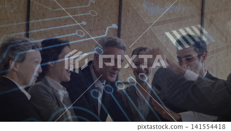 Leaning seven business team in suits stacking hands in meeting room, with digital circuit overlay Leaning seven business team in suits stacking hands in meeting room, with digital circuit overlay 141554418