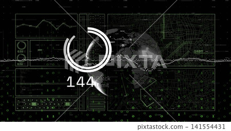 Displaying central HUD ring with dotted globe showing 144 and timeline on dashboard, binary digits Displaying central HUD ring with dotted globe showing 144 and timeline on dashboard, binary digits 141554431