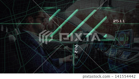 Steering mid-adult driver in dark jacket holding wheel in car navigating wireframe map with HUD Steering mid-adult driver in dark jacket holding wheel in car navigating wireframe map with HUD 141554442