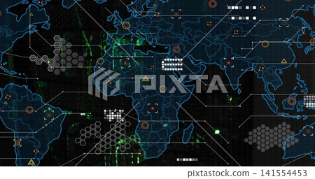 Displaying neon world-map dashboard on control screen, showing hex-tiles, data-blocks, signals 141554453