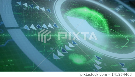 Displaying hologram green globe cluster rotating within circular HUD on dark grid, with chevrons Displaying hologram green globe cluster rotating within circular HUD on dark grid, with chevrons 141554463